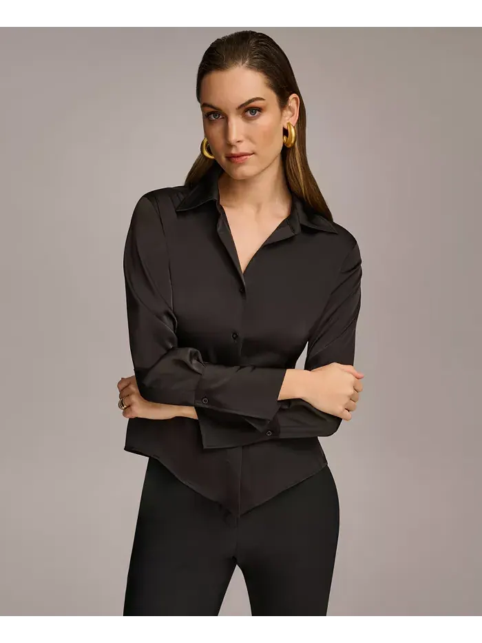 Женская блуза с застежкой на пуговицы и острым подолом, размеры Regular и Petite Donna Karan New — изображение 1 из 5, черный