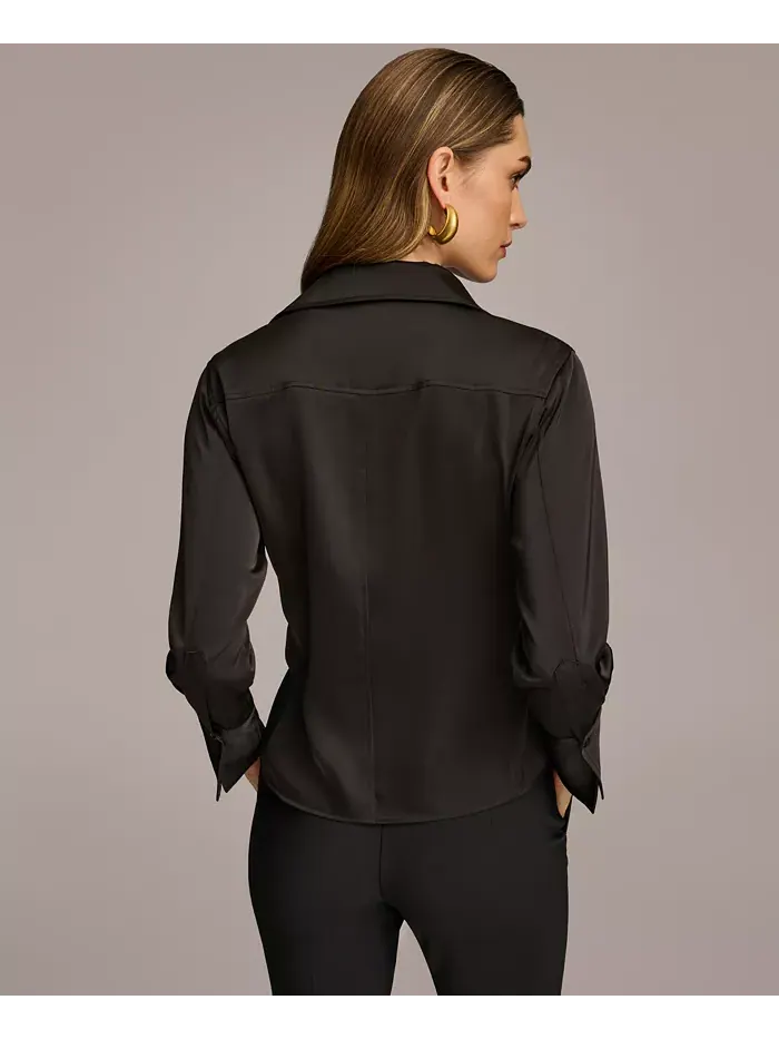 Женская блуза с застежкой на пуговицы и острым подолом, размеры Regular и Petite Donna Karan New — изображение 2 из 5, черный
