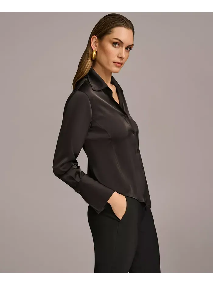 Женская блуза с застежкой на пуговицы и острым подолом, размеры Regular и Petite Donna Karan New — изображение 3 из 5, черный