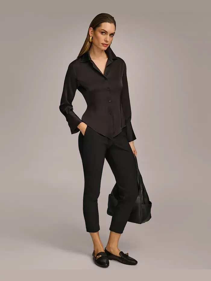 Женская блуза с застежкой на пуговицы и острым подолом, размеры Regular и Petite Donna Karan New — изображение 4 из 5, черный