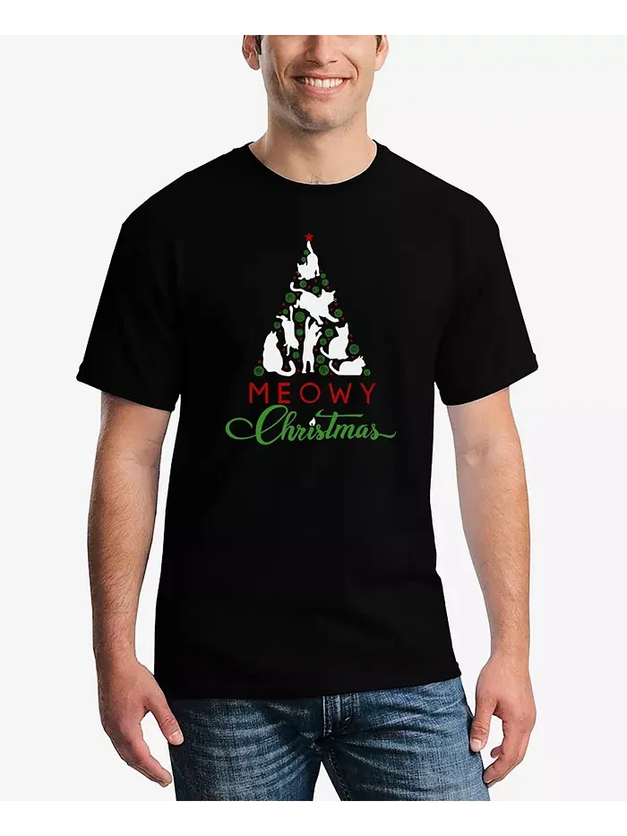 Мужская футболка с новогодней елкой и надписью Meowy Christmas La Pop Art — изображение 1 из 3, черный