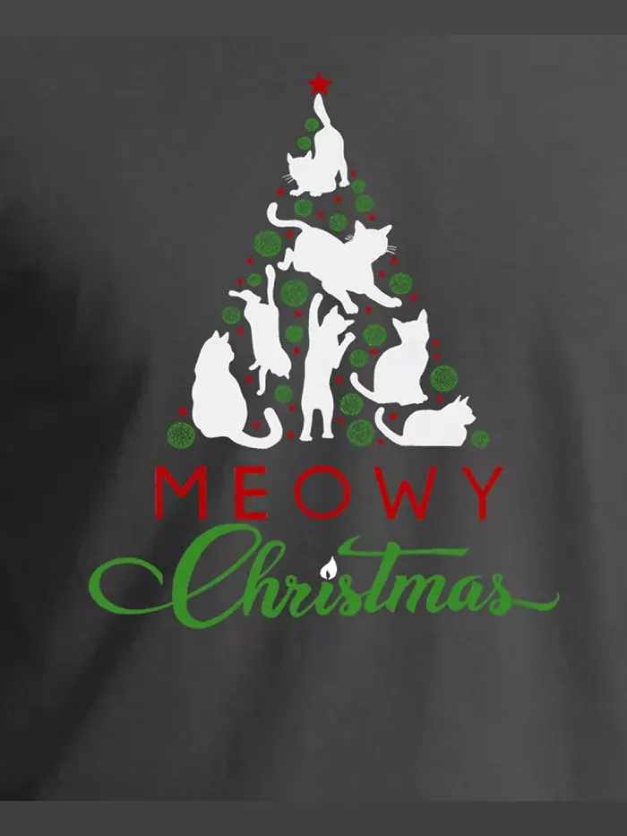 Мужская футболка с новогодней елкой и надписью Meowy Christmas La Pop Art — изображение 3 из 5, серый