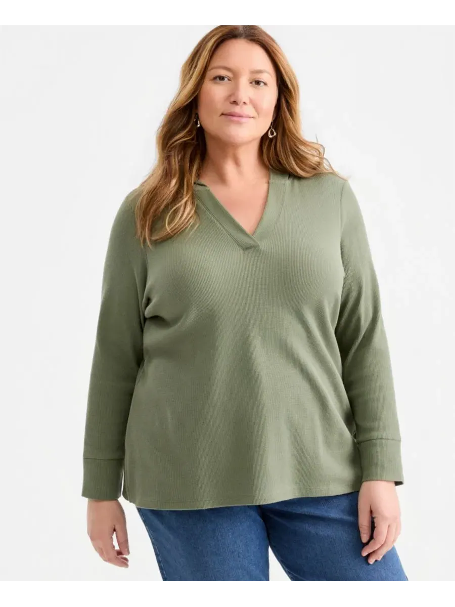 Худи с V-образным вырезом и капюшоном, вафельного трикотажа, Plus Size Style & Co — изображение 1 из 4, зеленый