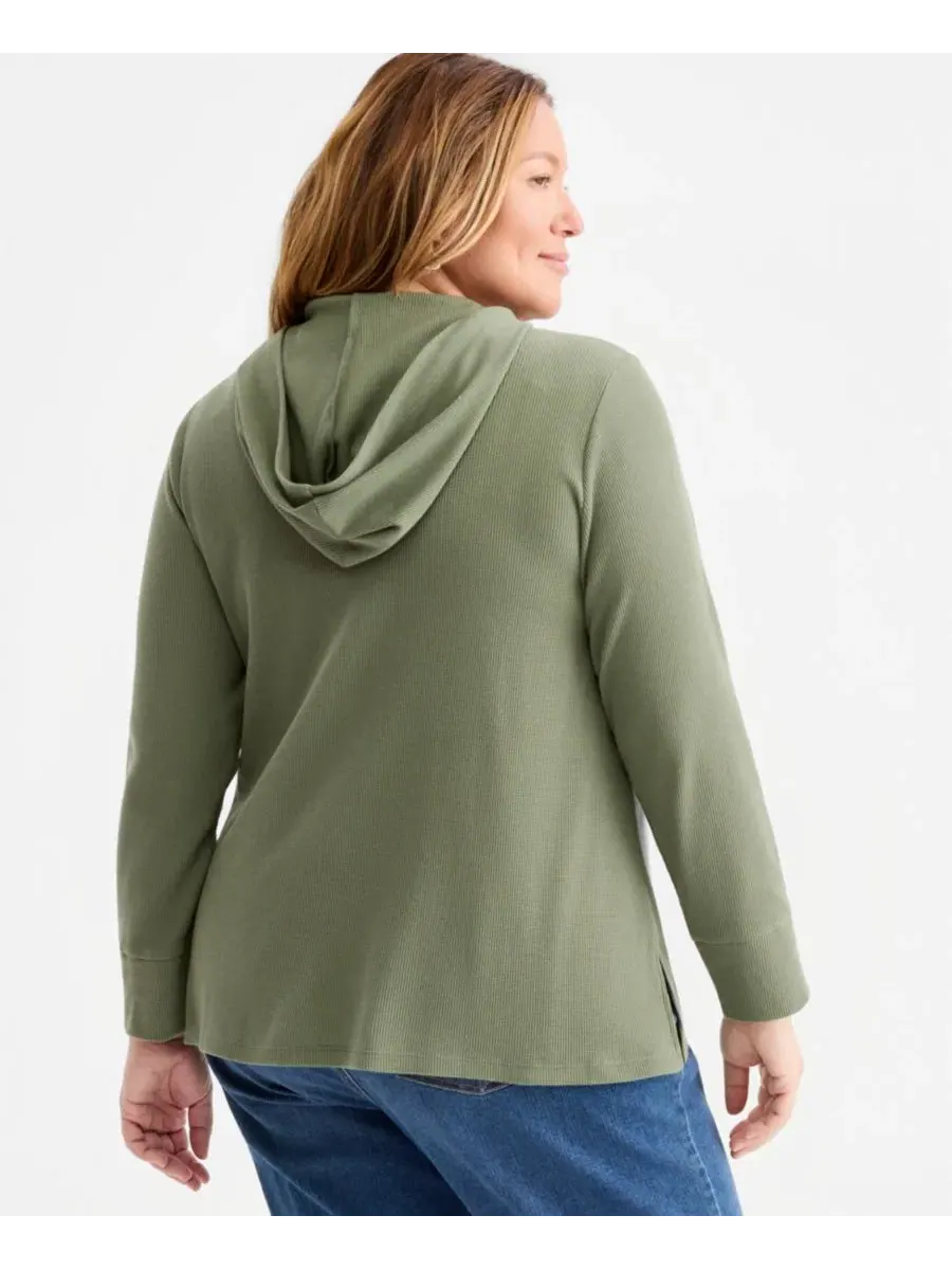 Худи с V-образным вырезом и капюшоном, вафельного трикотажа, Plus Size Style & Co — изображение 4 из 4, зеленый