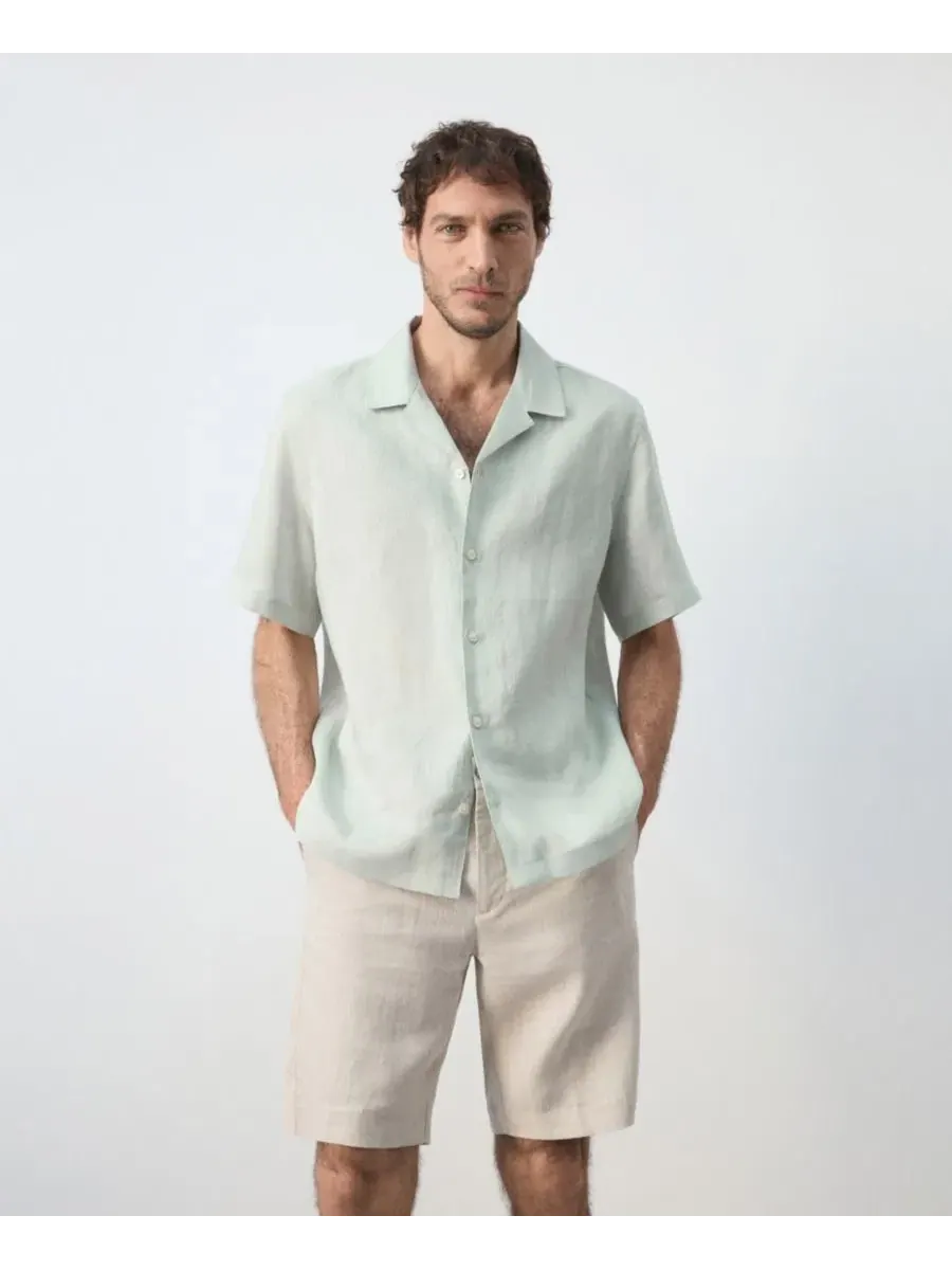 Рубашка из льна с коротким рукавом Regular Fit MANGO — изображение 1 из 7, голубой зеленый