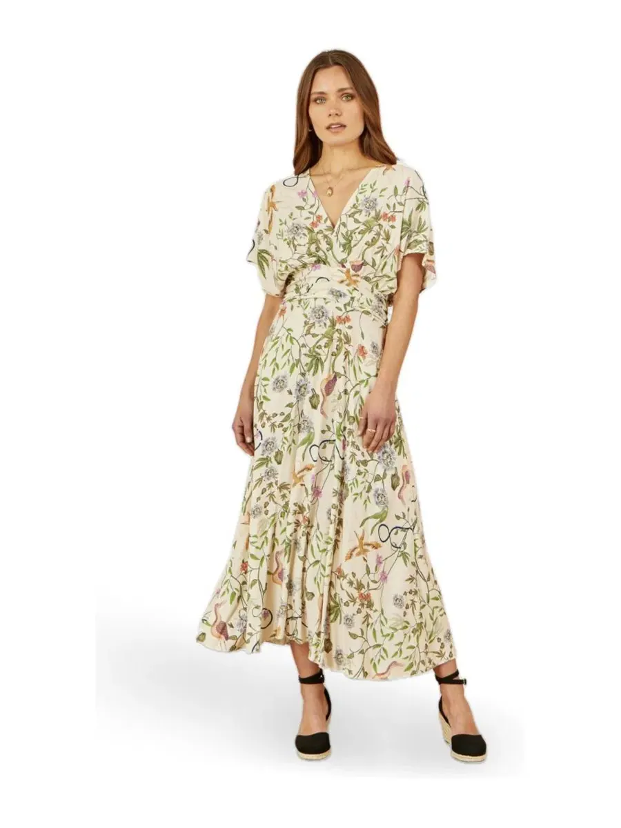 Платье миди с принтом, модель Floral Print Ruched Waist Yumi — изображение 1 из 8, бежевый
