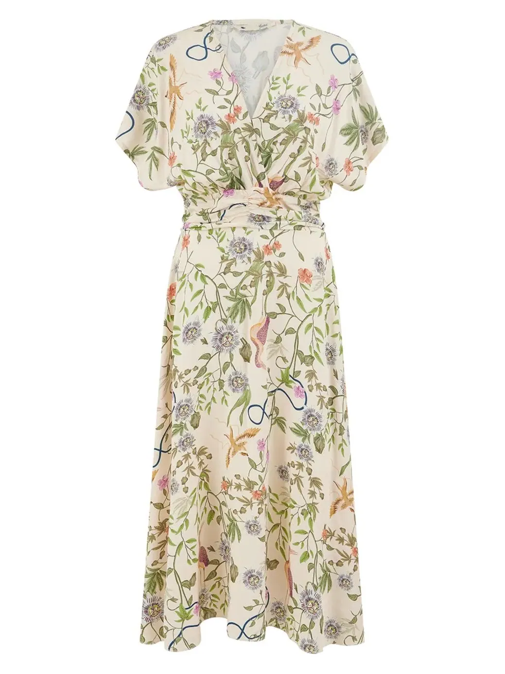 Платье миди с принтом, модель Floral Print Ruched Waist Yumi — изображение 4 из 8, бежевый