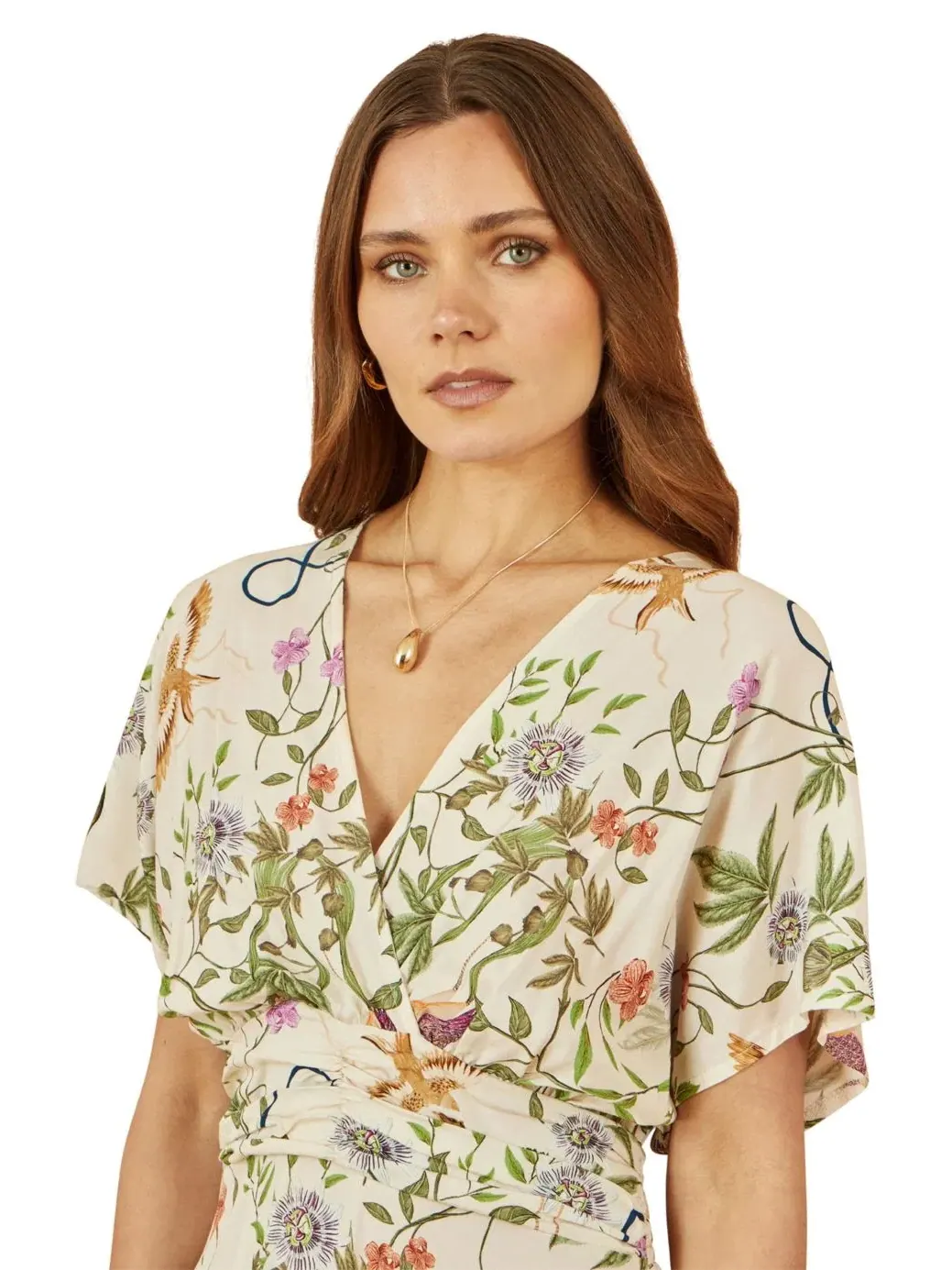Платье миди с принтом, модель Floral Print Ruched Waist Yumi — изображение 6 из 8, бежевый
