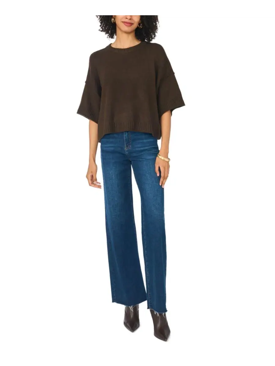 Укороченный свитер с открытыми швами и рукавом 3/4, модель Elbow Length Exposed Seam Crew Crop — изображение 2 из 5, шоколад