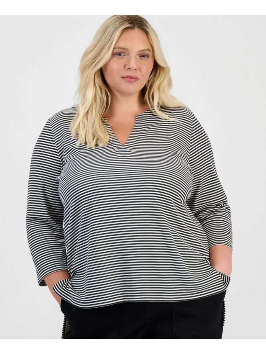 Туника с разрезом у горловины и рукавом 3/4, модель Striped Split-Neck Style & Co — изображение 1 из 3, глубокий черный