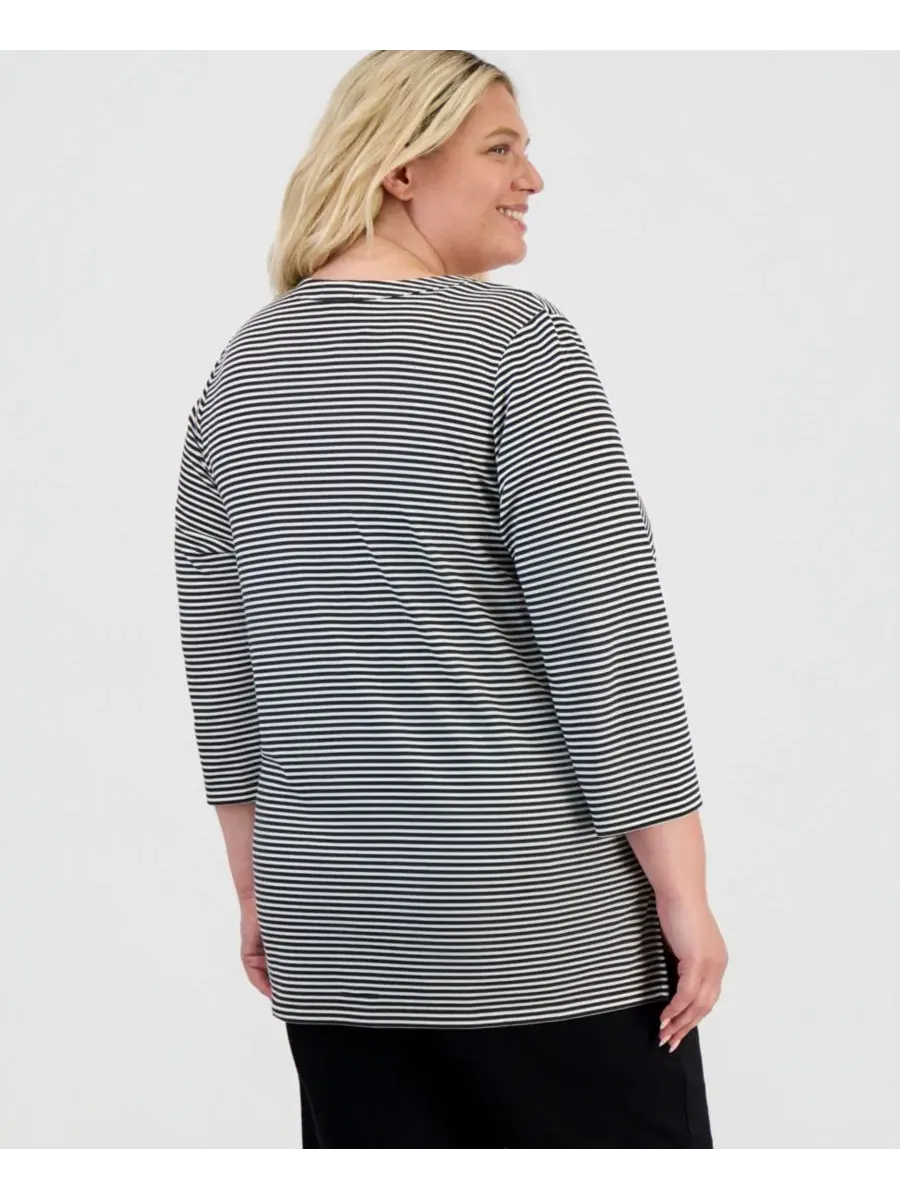 Туника с разрезом у горловины и рукавом 3/4, модель Striped Split-Neck Style & Co — изображение 2 из 3, глубокий черный