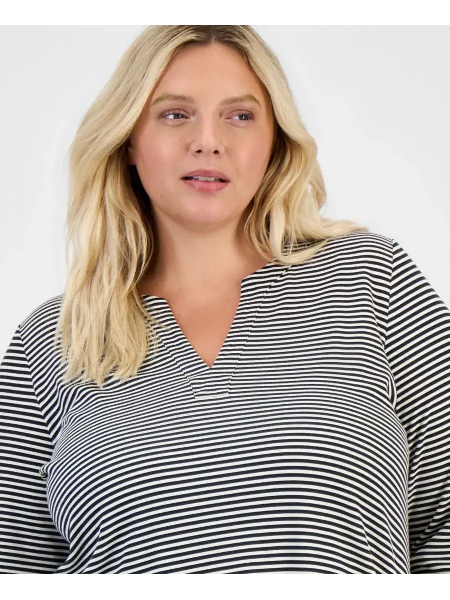 Туника с разрезом у горловины и рукавом 3/4, модель Striped Split-Neck Style & Co — изображение 3 из 3, глубокий черный