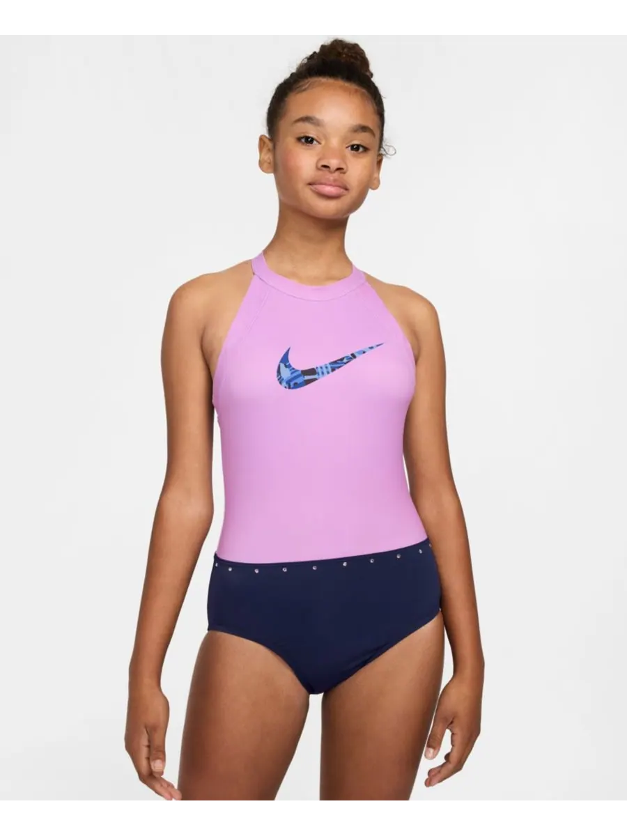 Купальник с завязками на шее для девочек 7-16 лет Nike Gymnastics — изображение 1 из 8, розовый/синий