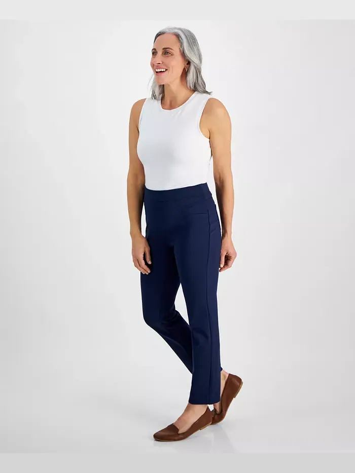 Узкие брюки прямого кроя с завышенной талией на резинке Petite Mid Rise Pull On Straight Leg Ponte — изображение 2 из 2