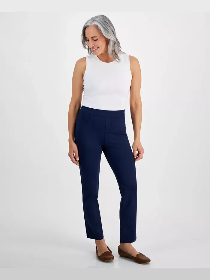 Узкие брюки прямого кроя с завышенной талией на резинке Petite Mid Rise Pull On Straight Leg Ponte — изображение 1 из 7