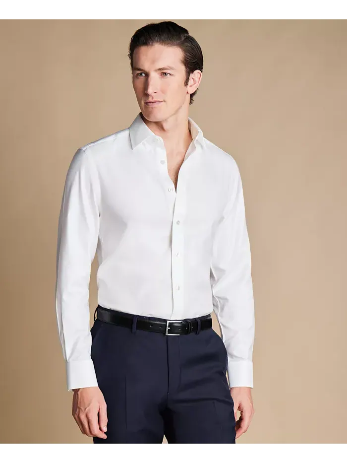 Мужская облегающая однотонная рубашка без глажки Charles Tyrwhitt — белый