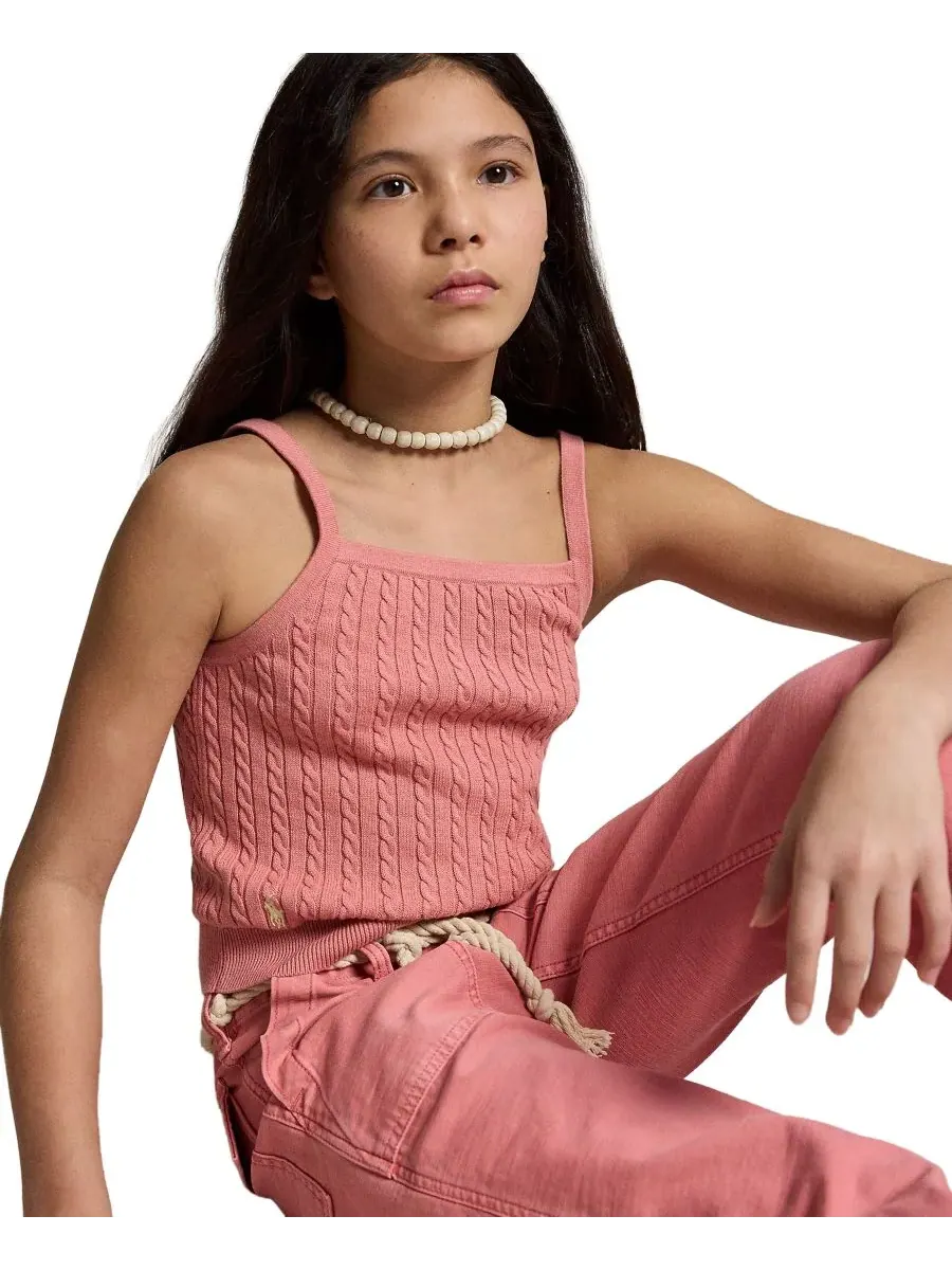 Мини-майка с квадратным вырезом и косами для девочек 7-16 лет Polo Ralph Lauren — изображение 3 из 6, розовый