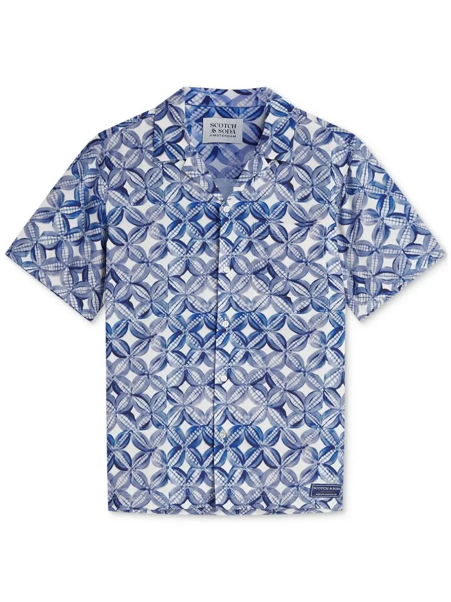 Мужская рубашка с коротким рукавом с принтом Tiles Flower Blue SCOTCH & SODA — изображение 8 из 10, синий