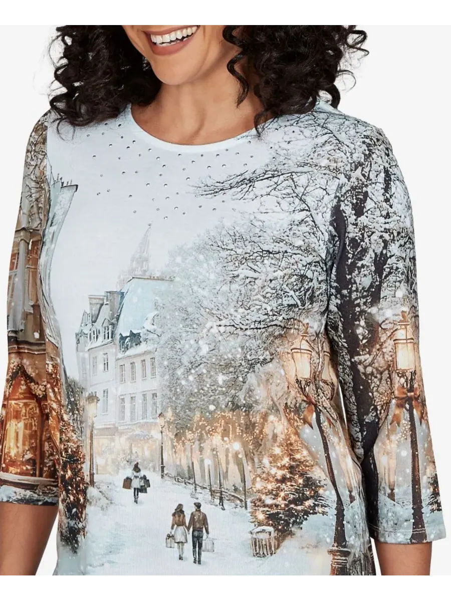 Женский трикотажный топ с новогодним принтом Classic Christmas In The City Alfred Dunner — изображение 4 из 5, бежевый