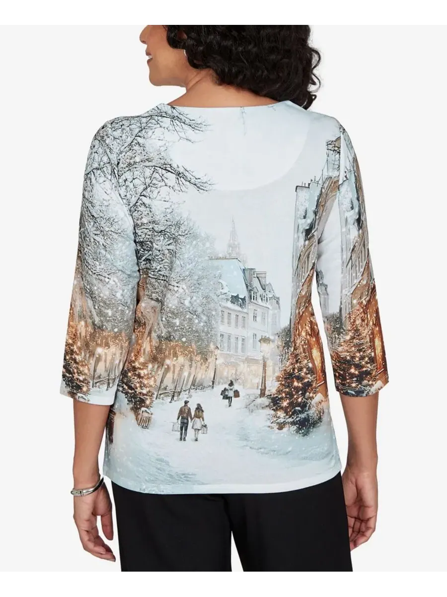 Женский трикотажный топ с новогодним принтом Classic Christmas In The City Alfred Dunner — изображение 5 из 5, бежевый