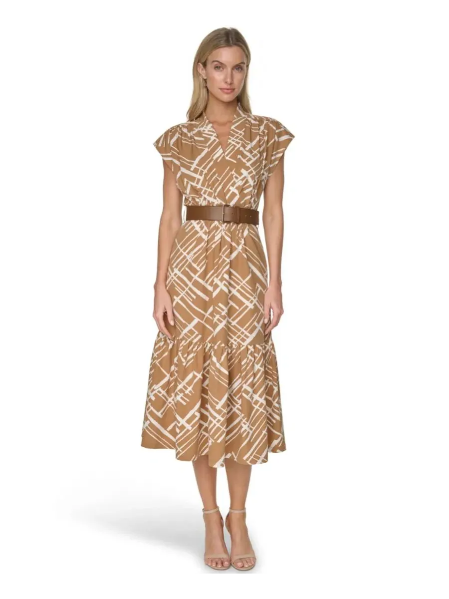 Платье миди с поясом Women’s V-Neck Belted Midi Dress Calvin Klein