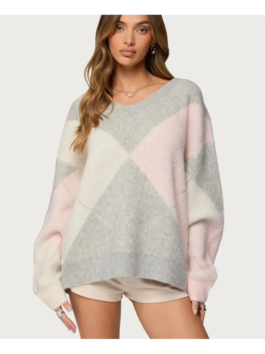 Женский свитер Elda Oversized Argyle Edikted — изображение 1 из 5, светлый-серый