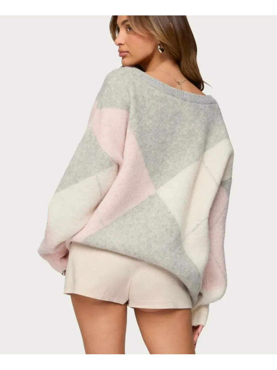 Женский свитер Elda Oversized Argyle Edikted — изображение 2 из 5, светлый-серый