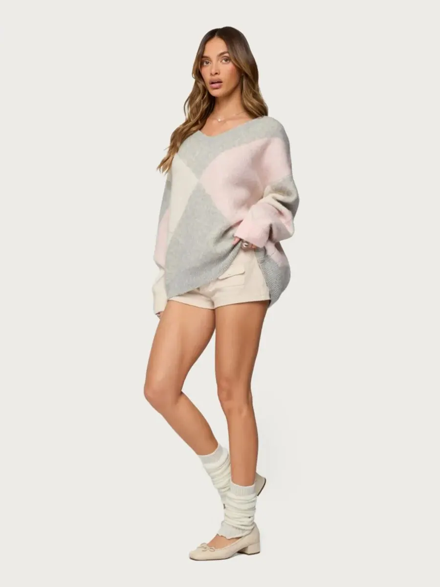 Женский свитер Elda Oversized Argyle Edikted — изображение 3 из 5, светлый-серый