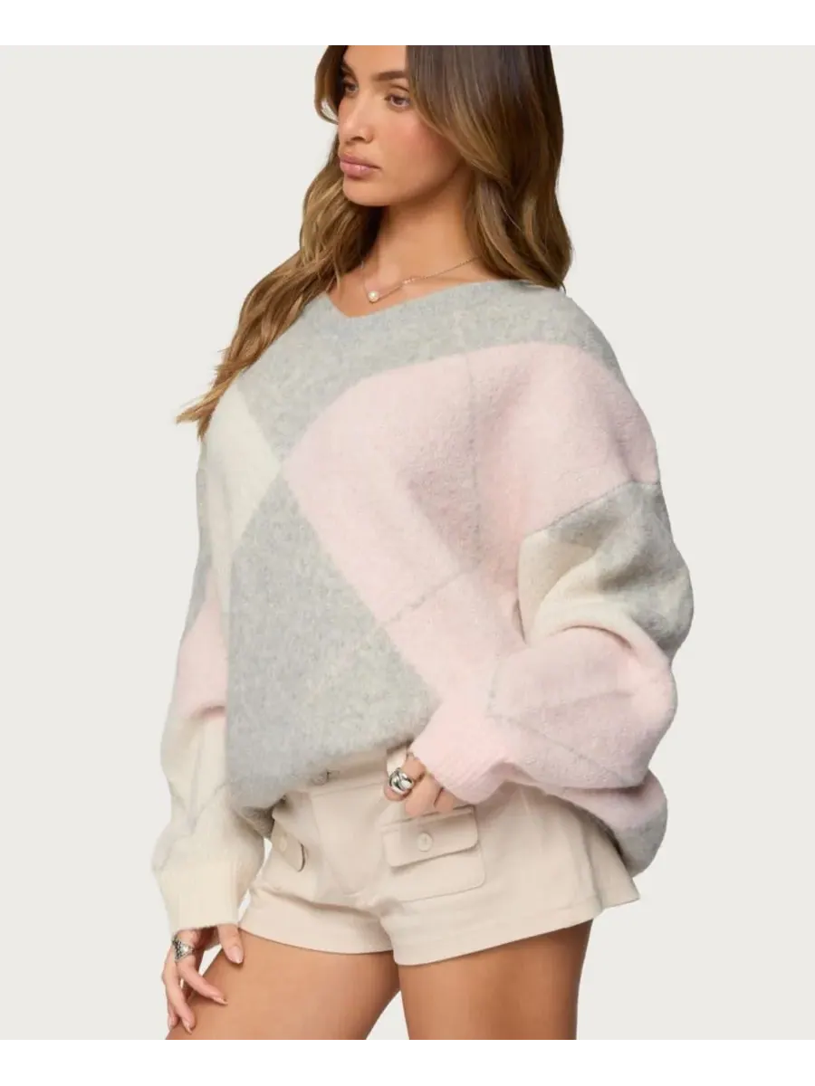 Женский свитер Elda Oversized Argyle Edikted — изображение 4 из 5, светлый-серый