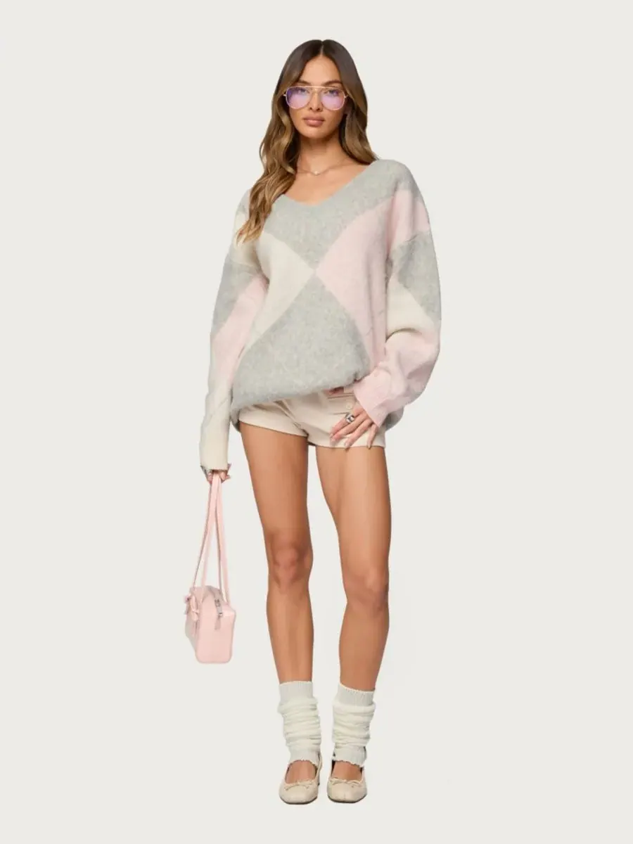 Женский свитер Elda Oversized Argyle Edikted — изображение 5 из 5, светлый-серый