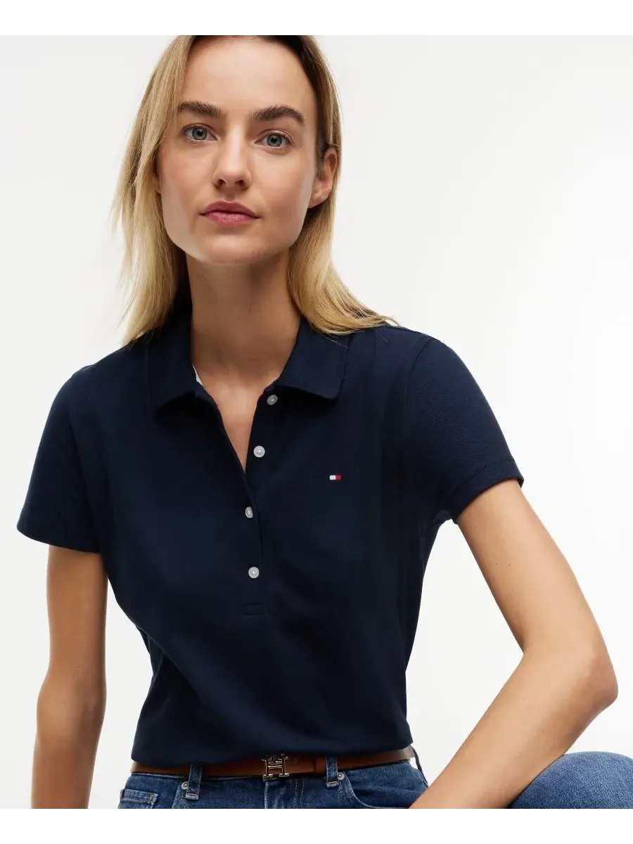 Классическая женская футболка-поло с коротким рукавом из пике Tommy Hilfiger — изображение 3 из 4, темный темно-синий