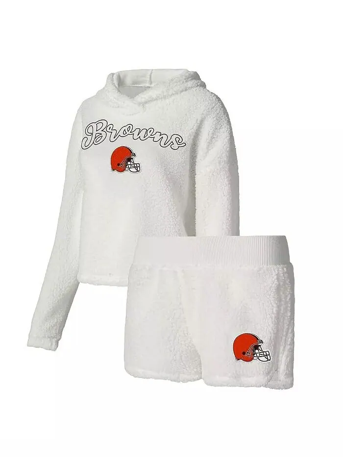 Женский комплект для сна из пушистого пуловера и шорт Cleveland Browns белого цвета Concepts Sport — белый