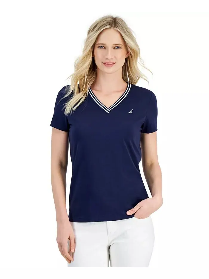 Женский однотонный с V-образным вырезом и полосками Nautica Jeans — изображение 1 из 3, синий