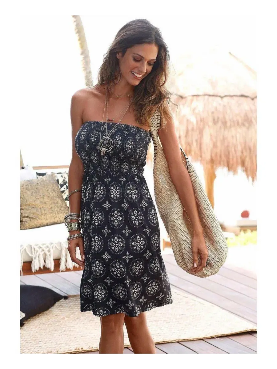 Платье-бандо с принтом, модель Patterned Bandeau LASCANA — изображение 2 из 7, черный