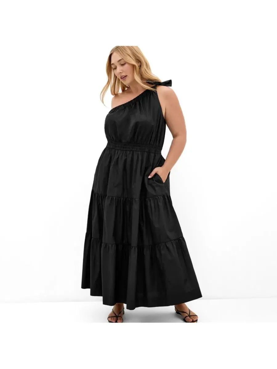 Платье макси Haylee One Shoulder Cotton CITY CHIC — изображение 3 из 5, черный