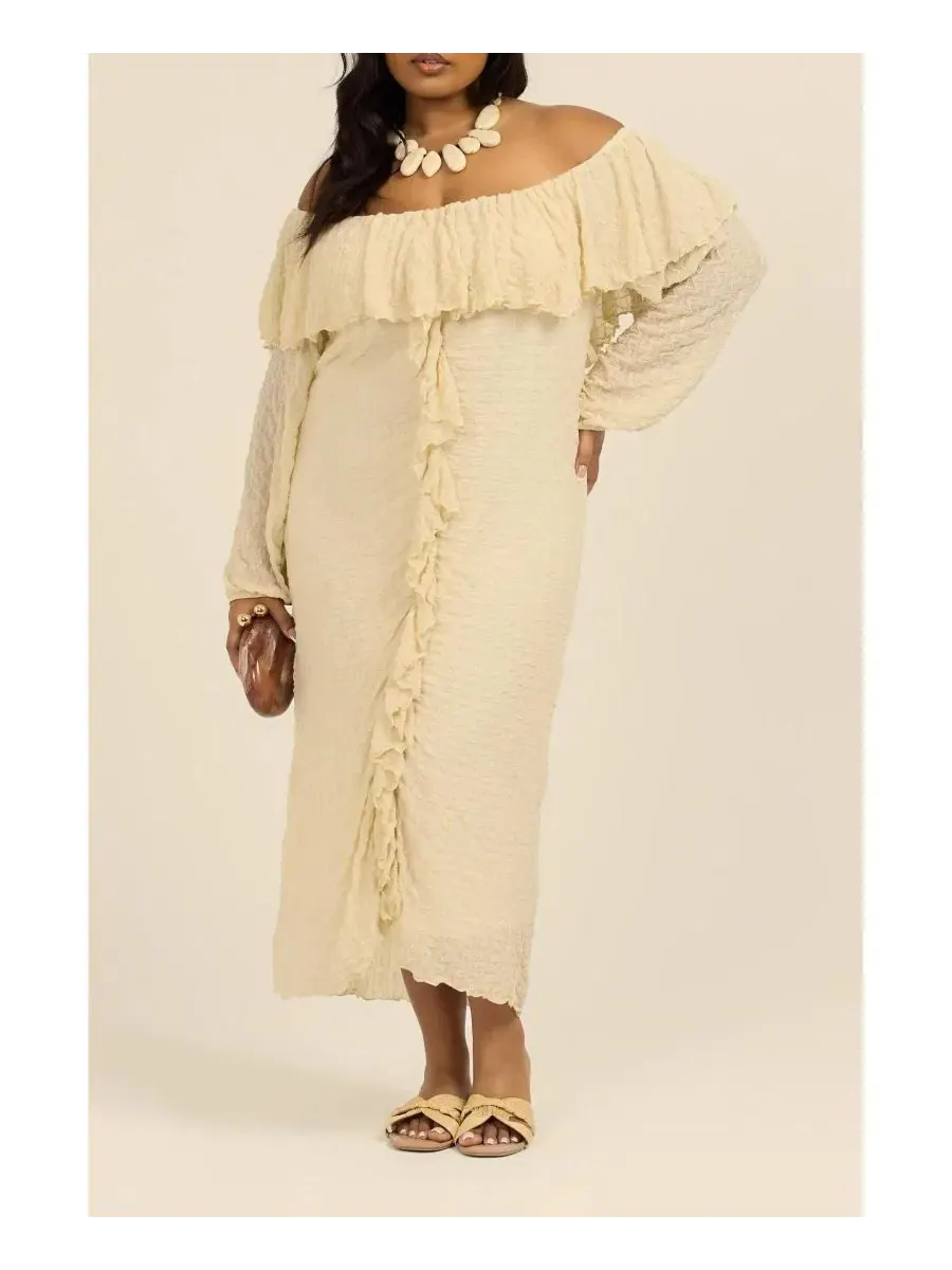 Платье-миди с рюшами Bardot FASHION-SZN CURVE — изображение 3 из 8, бежевый