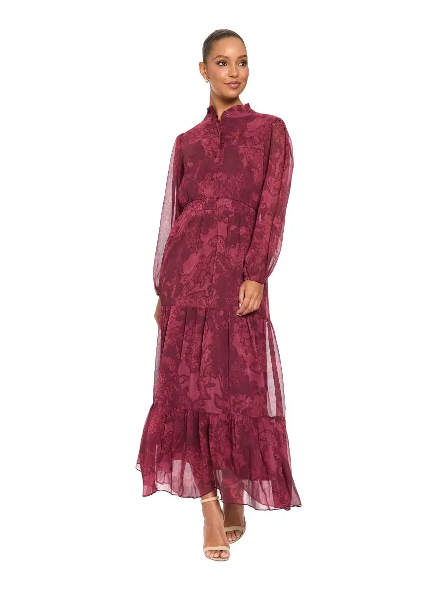 Платье-макси с цветочным принтом, с длинным рукавом, модель Petite Floral-Tiered Long-Sleeve Dress — изображение 2 из 4