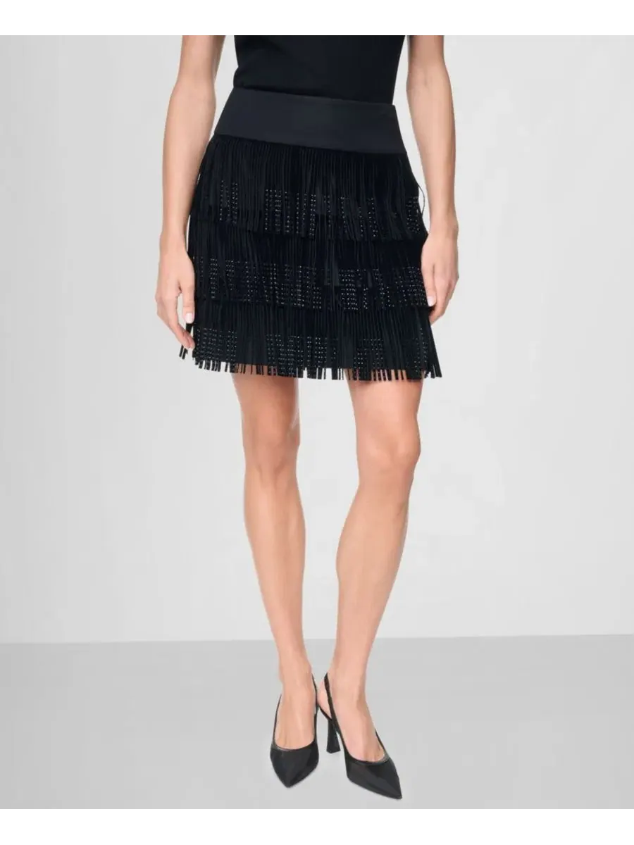 Юбка-трапеция с бахромой из стразов DKNY — изображение 1 из 9, черный