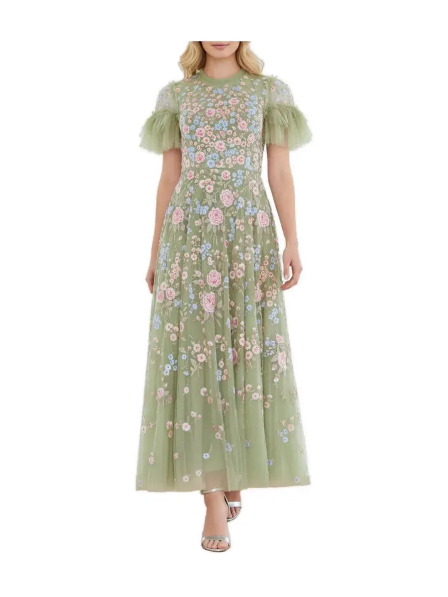 Платье с цветочной вышивкой, с коротким рукавом, модель Antoinettes Needle & Thread — изображение 1 из 3, луговой