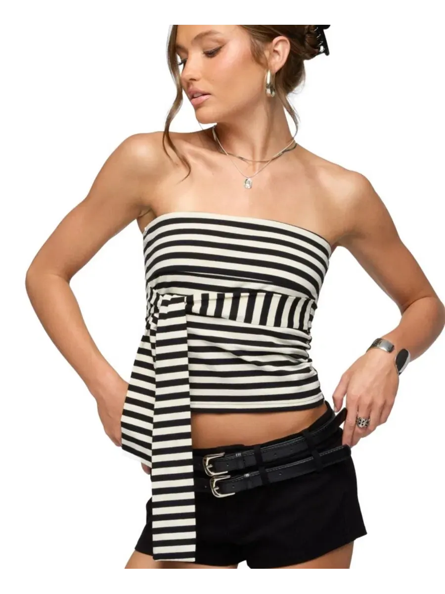 Топ без бретелек с завязками спереди, в полоску, Finly Striped Tie Front Edikted — изображение 1 из 5, черный--кремовый