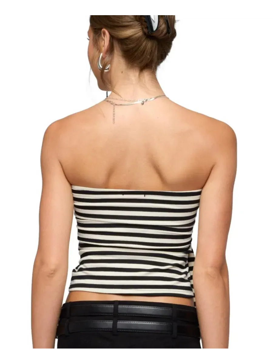 Топ без бретелек с завязками спереди, в полоску, Finly Striped Tie Front Edikted — изображение 2 из 5, черный--кремовый