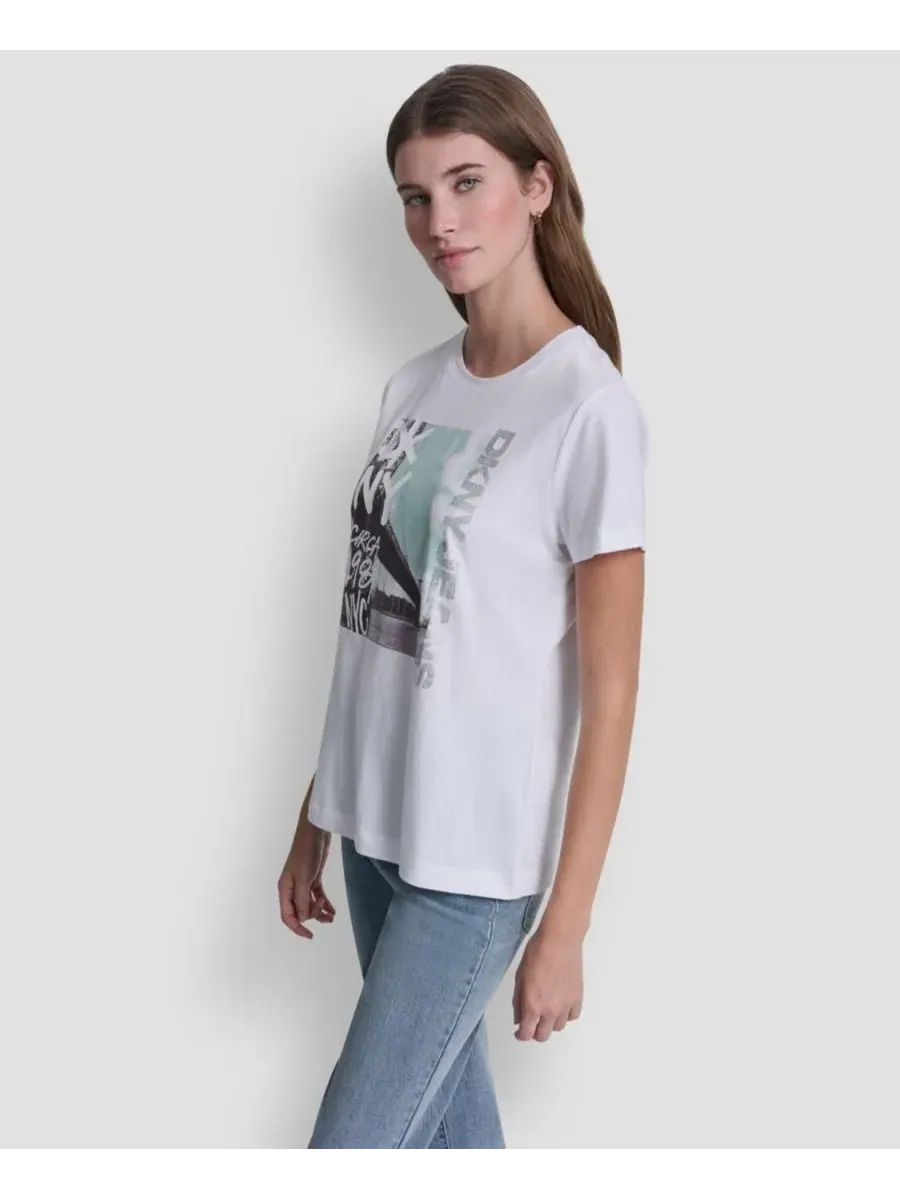 Футболка с принтом и стразами, модель Rhinestone Graffiti Logo DKNY Jeans — изображение 2 из 5, белый/прозрачный