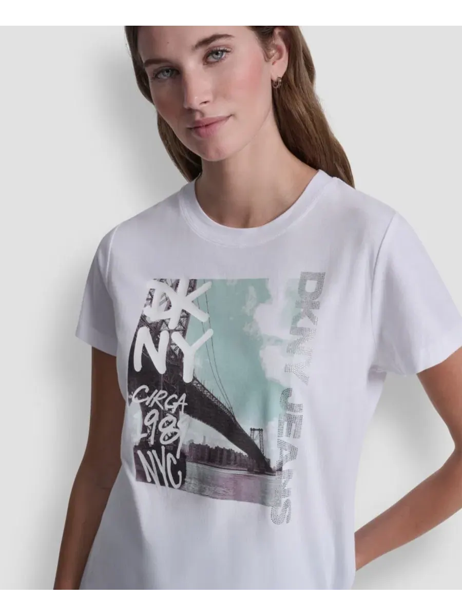 Футболка с принтом и стразами, модель Rhinestone Graffiti Logo DKNY Jeans — изображение 3 из 5, белый/прозрачный