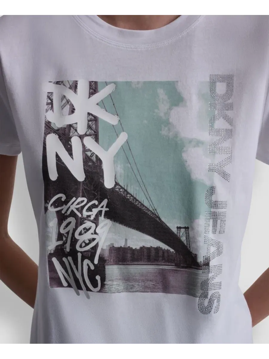 Футболка с принтом и стразами, модель Rhinestone Graffiti Logo DKNY Jeans — изображение 4 из 5, белый/прозрачный