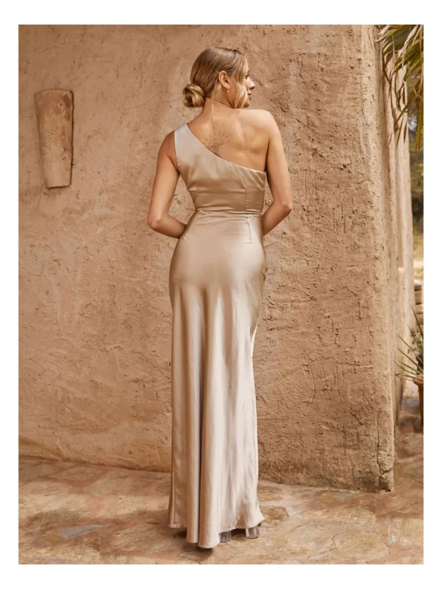 Женское атласное платье подружки невесты на одно плечо Six Stories, Champange — изображение 3 из 8