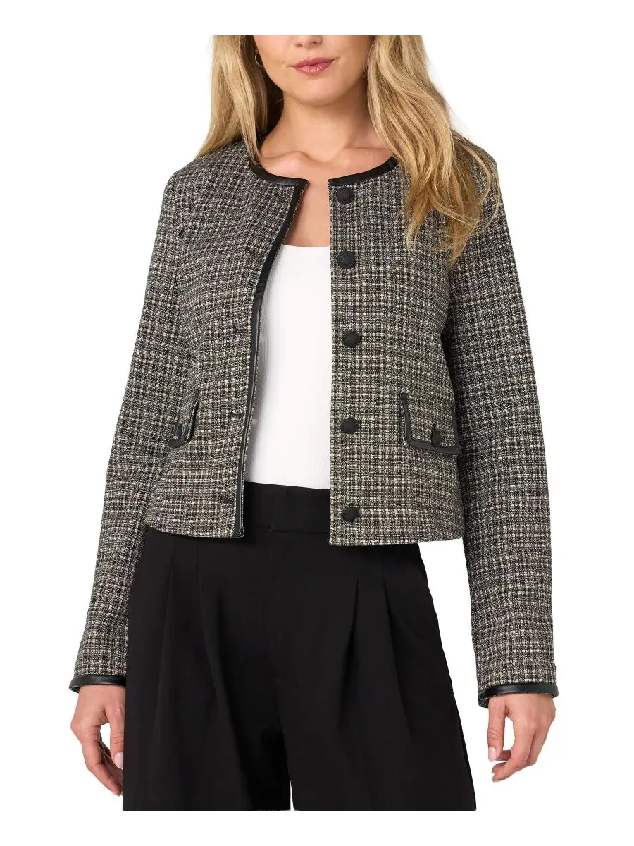 Жакет укороченный без воротника с принтом в клетку, модель Petite Cropped Collarless Plaid Blazer