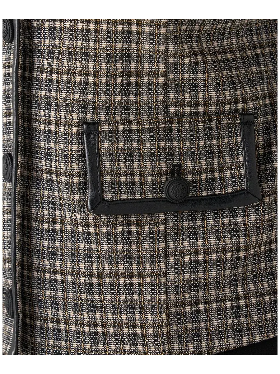 Жакет укороченный без воротника с принтом в клетку, модель Petite Cropped Collarless Plaid Blazer — изображение 3 из 4