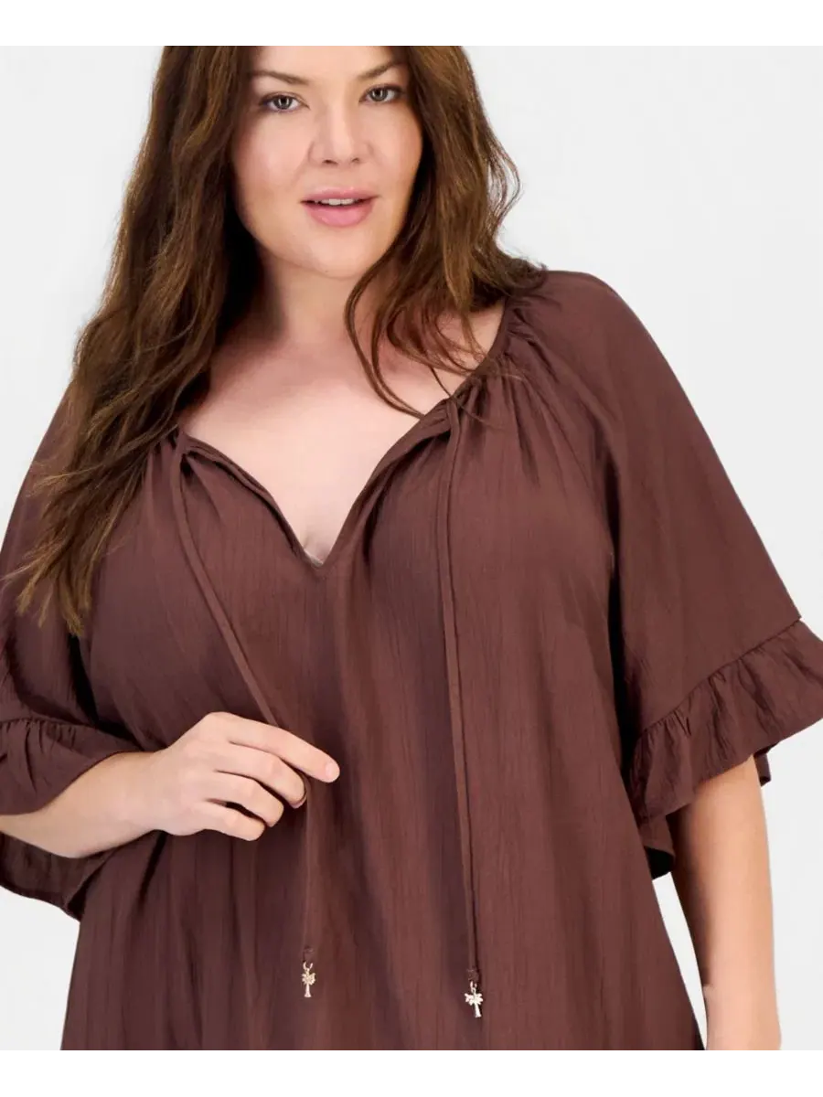 Платье с воланами по низу и рукавом-колоколом, модель Plus Size Ruffle-Hem Bell-Sleeve Split-Neck — изображение 3 из 5