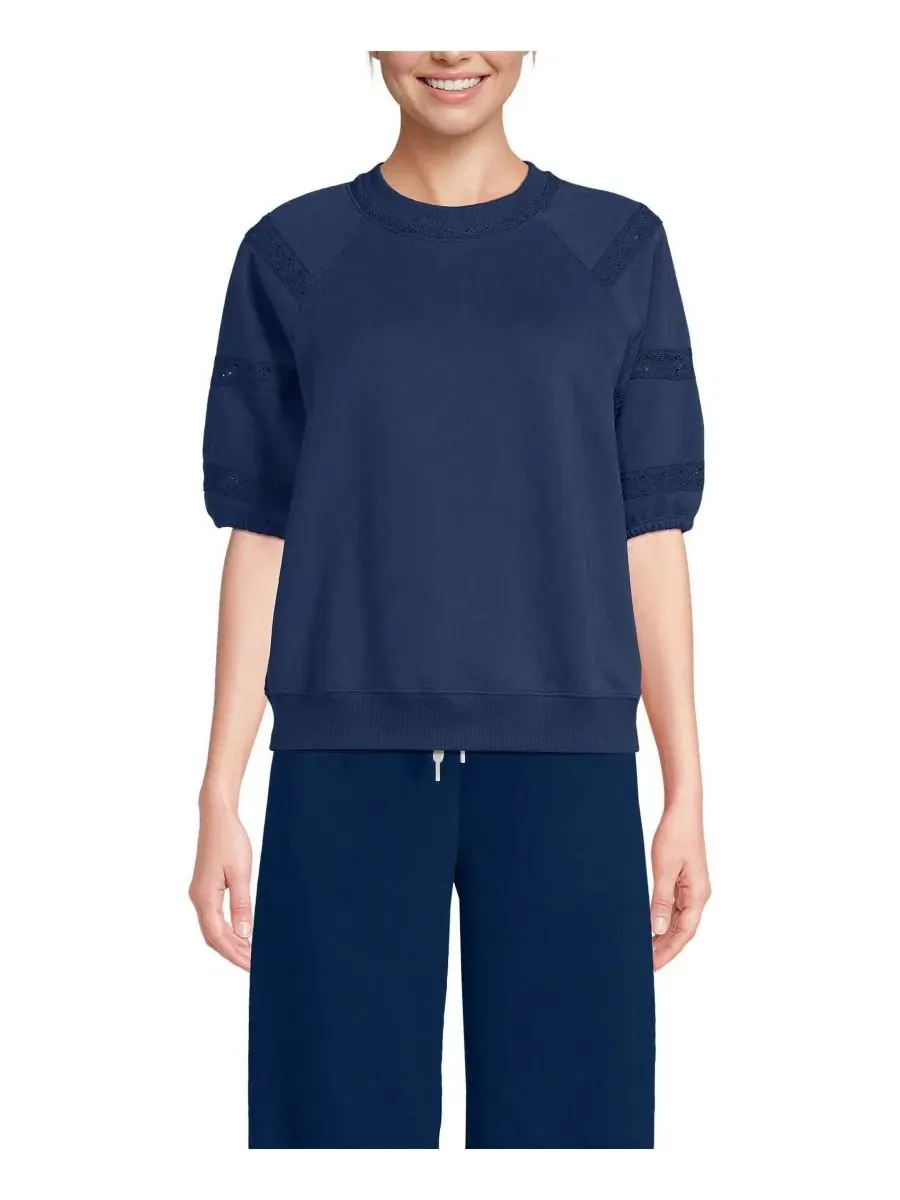 Женский свитшот с кружевными рукавами Serious Sweats Puff Lace Sleeve Sweatshirt Lands' End — изображение 1 из 4