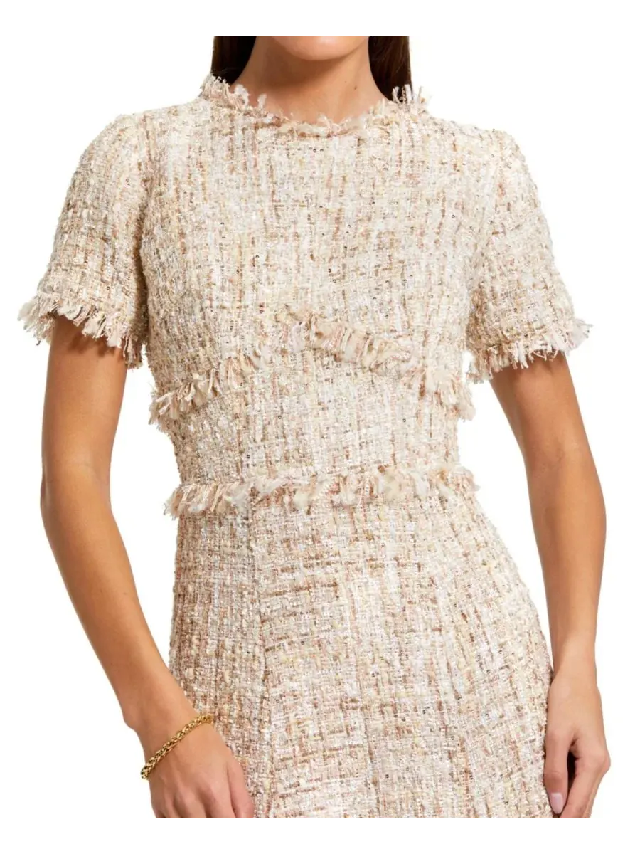 Укороченное платье-миди А-силуэт из букле с короткими рукавами Mac Duggal — изображение 2 из 3, пудровый розовый
